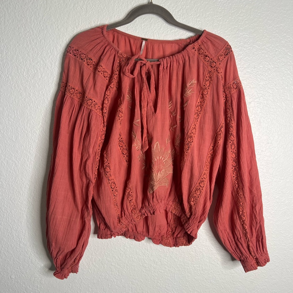 Free People Maria Maria Coral Embroidered Boho Peasant Blouse XS